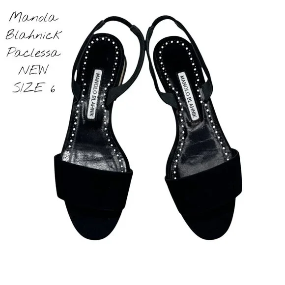 Manolo Blahnik Paclessa Black Suede Slingback Sandals Size 6 NWT